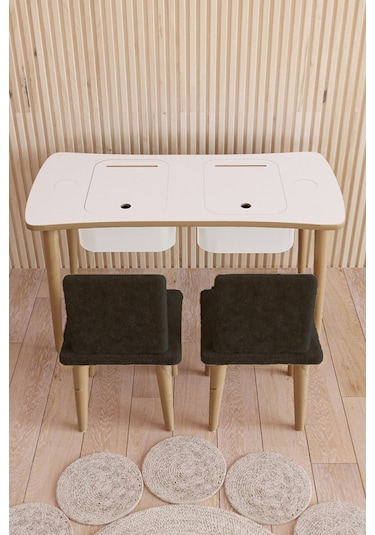 Fahrettin Küçük Montessori Çocuk Masası Oyun Masası Aktivite Masası Çalışma Masası 2 Adet Siyah Welsoft Sandalyeli Siyah