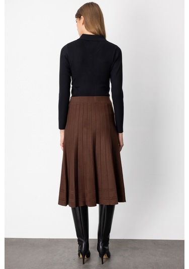 On Kadın Pileli Midi Boy Triko Etek 60201 Kahverengi Kahverengi