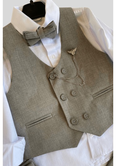 Zincir Çift Düğme Başak Erkek Çocuk Takım Elbise Gri Gri