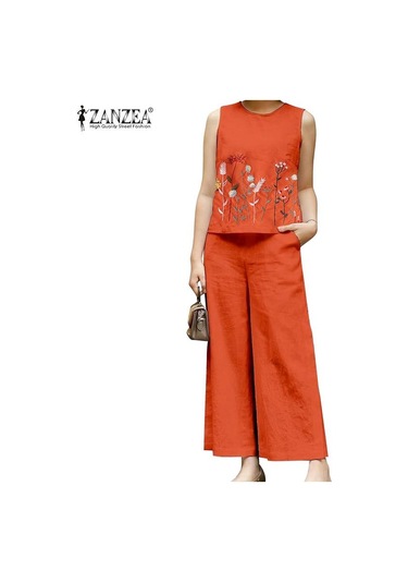 Zanzea Kadın Çiçek Baskı Tankı Üstleri Ve Pantolon Yaz Rahat Iki Parçalı Takım Elbise Seti Turuncu Zanzea Kadın Çiçek Baskı Tankı Üstleri Ve Pantolon Yaz Rahat Iki Parçalı Takım Elbise Seti Turuncu