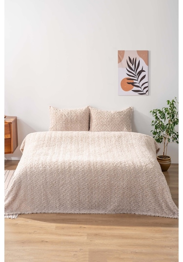 Dali Zigzaglı Bej Çift Kişilik Jakarlı Deluxe Uyku Seti 3 Parça Yatak Örtüsü Seti Bej