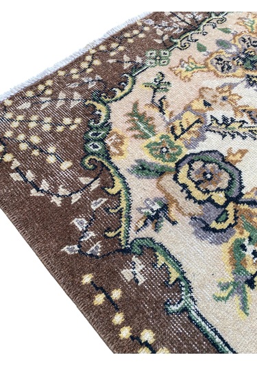 El Dokuma Retro Vintage Halı 117x215 Yün Eskitme Sıfır Halı Kahverengi