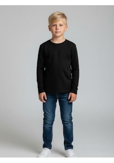 Zekids Erkek Çocuk Pamuklu Uzun Kol Basic T-shirt-16713 SIYAH