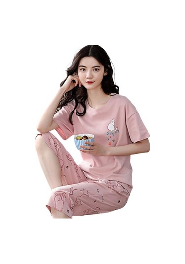 Pembe Salon Pijama O-boyun Uyku Nefes Kızlar Yaz Karikatür Baskı T-shirt Mahsul Pantolon Seti Günlük Giyim Pembe