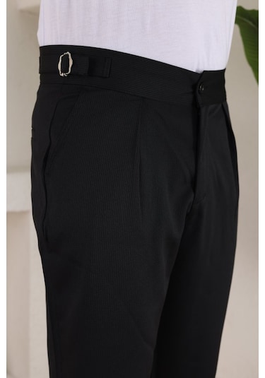 Erkek Duble Paça Yandan Tokalı Cord Desenli Old Money Pantolon Siyah