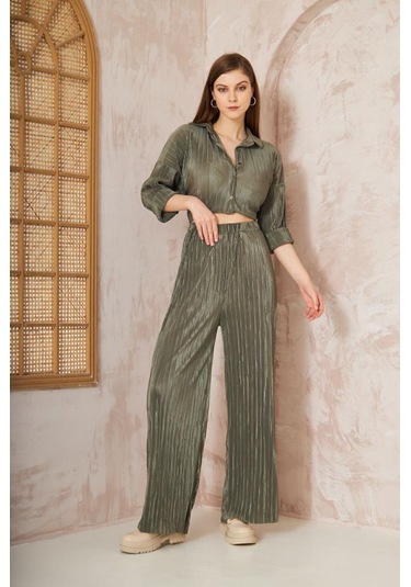 Kadın Pliseli Beli Lastikli Pantolon Tunik Gömlek Ikili Bürümcük Salaş Takım 3573300 Haki