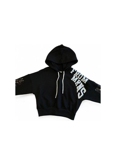 Kız Çocuk Simli Yazılı Kolları Pul Detaylı Crop Sweatshirt-15040 Siyah