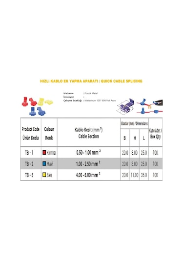 Tb-5 4.0-6.0mm2 Hızlı Kablo Ek Yapma Aparatı Sarı 100 Adet