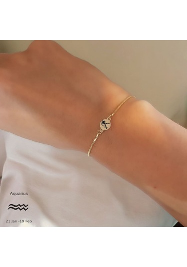 Archin Kova Burçları İçin Yuvarlak Motifli Zincirli 14 Ayar Altın Plakalı Hediye Bileklik-417burç Kova