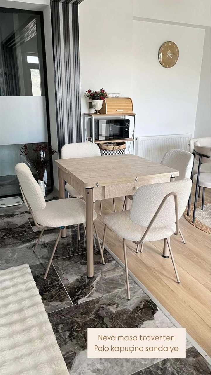 Dengema Neva 89 Açılır Masa Takımı Traverten Desen, 4 Sandalyeli, Krem Kumaş, Kapuçino Metal Ayak Krem