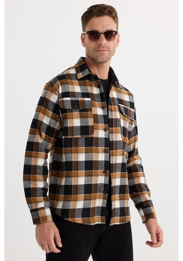 Relax Fit Rahat Kesim Çift Cep Kapaklı Kışlık Oduncu Kareli Erkek Gömlek-37808 Çok Renkli