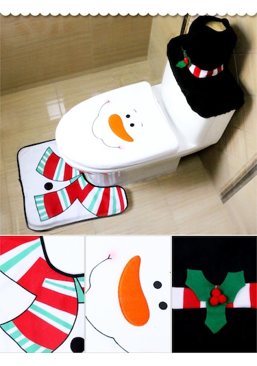 Folinda Elk Desenli Noel Banyo Dekorasyon Seti: Doku Battaniye + Tuvalet Kapağı Örtüsü + Tank Kapağı - Yumuşak, Kaymazsız, Yeniden Kullanılabilir Diğer