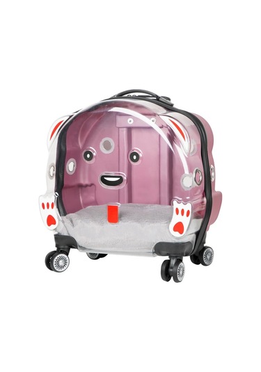Gobypet Şeffaf Tekerlekli Kedi Köpek Taşıma Valizi Çekçekli Büyük Model Pembe