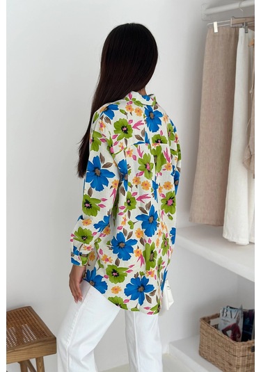 Çiçek Desenli Keten Gömlek DESENLI