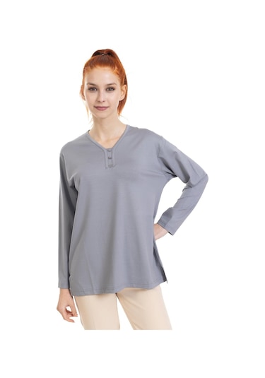 Kadın Orta Yaş Ve Üzeri Dört Mevsim V Yaka Rahat Kalıp Likralı Viskoz Anne Penye Bluz 140-gri Gri