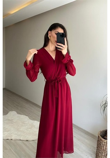 Neşeli Butik Kadın Uzun Kollu Kuşaklı Maxi Şifon Elbise Nm001 Bordo