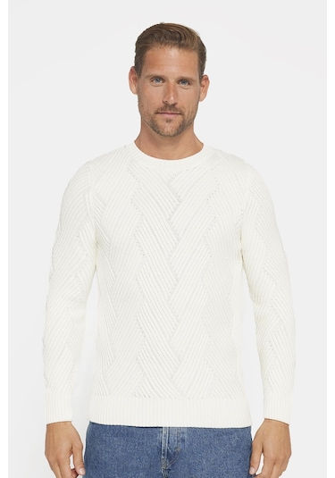 Bisiklet Yaka Desenli Yumuşak Dokulu Erkek Beyaz Kazak-30438-beyaz Beyaz