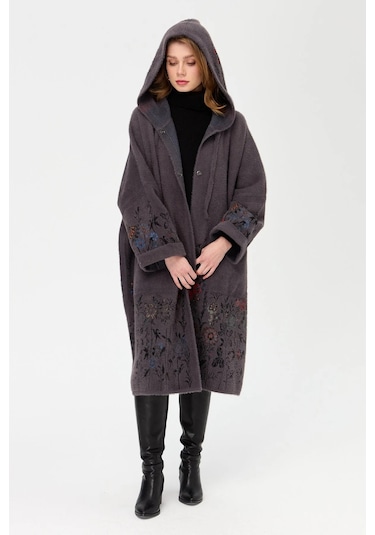 Desen Triko Kadın Triko Kırçiçeği Desenli Afrodit Panço 23065 Antrasit Antrasit