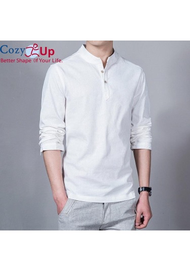 Rahat Up Polo Gömlek Erkekler Moda Uzun Kollu Mandarin Yaka Gömlek Erkek Rahat Keten Gömlek Adam Artı Beyaz Beyaz