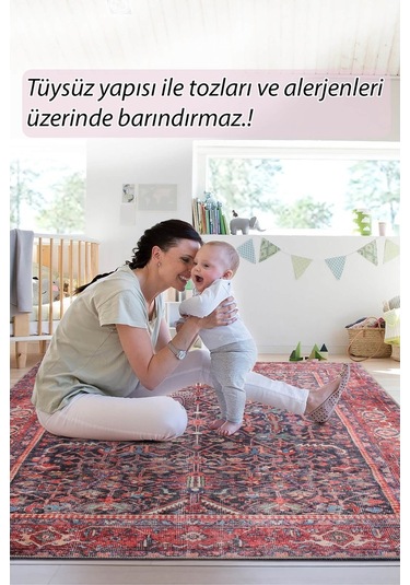 Blues Vintage Desenli Dokuma Taban Dekoratif Kırmızı Halı (Al 354