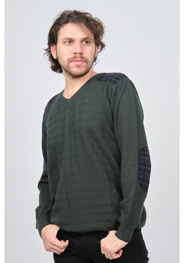 Desen Triko Erkek V Yaka Saf Yün Kazak 0246538 Yeşil Yeşil
