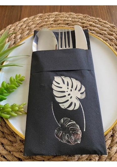 Gümüş Siyah Cepli Deve Tabanı Peçete 12 Adet 40x40