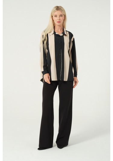 Basic Oversize Çizgili Gömlek Bej Siyah Bej - Siyah