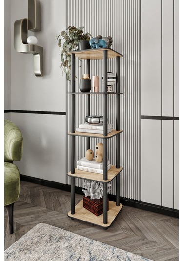 5 Katlı Dekoratif Kare Kitaplık Meşe Meşe