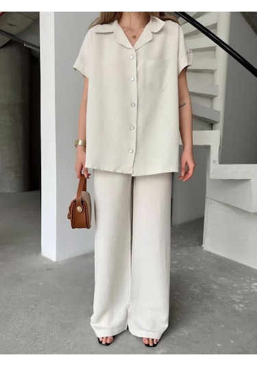 Keten Kısa Kollu Cepli Gömlek Pantolon İkili Takım - Beyaz Beyaz
