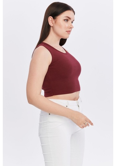 Bella Dossi Rahat Kaşkorse Kolsuz Sıfır Yaka Kadın Crop Top Bordo