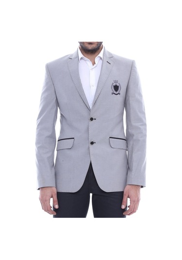 Çift Düğmeli Mono Yaka Armalı Gri Ceket -wessi Gri