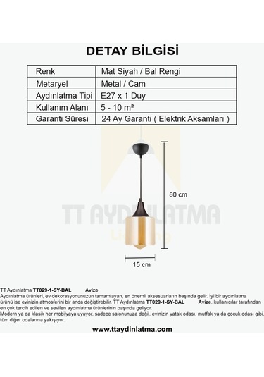 Tt029-1-Sy-Bal Tt Aydınlatma Mat Siyah - Bal Tekli Avize