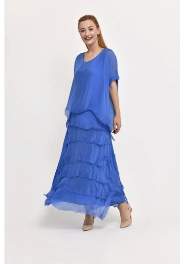 İtalyan 2 Beden İnce Gösteren Yarım Kol Kat Kat Ipek Elbise Saks Mavisi