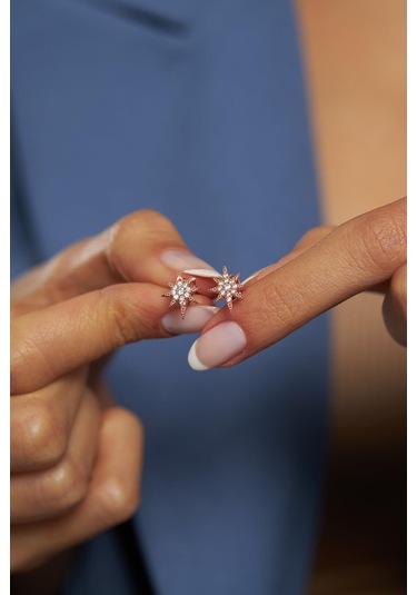 Zirkon Taşlı Rose Kutup Yıldızı Çivili Gümüş Küpe Gümüş