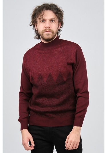 Ateş Triko Erkek Yarım Balıkçı Yaka Desenli Kazak 6091804 Bordo Bordo