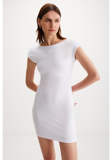 Arcene Kadın Organik Pamuklu Likrali Vücüdu Saran Bodycon Tek Parça Beyaz Elbise