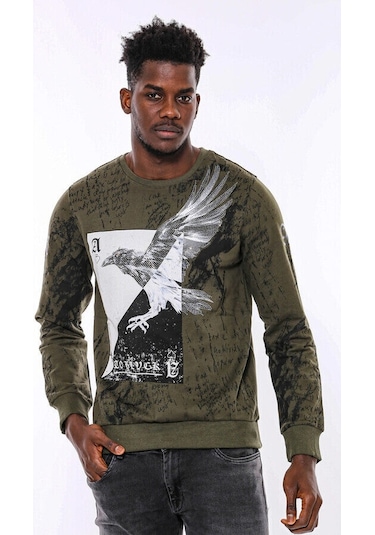 Wessi Yeşil Baskılı Taşlı Bisiklet Yaka Sweatshirt Yeşil