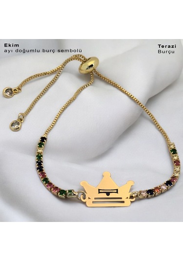 Ekim Ayı Doğumlarına Taç Motifli 14 Ayar Altın Plakalı Renkli Taş Desenli Hediye Bileklik-489ay Ekim