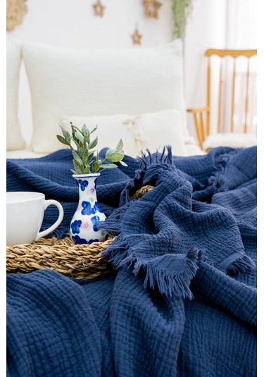 4 Katlı Müslin Yatak Örtüsü - Lacivert Renk Çift Kişilik Pike Lacivert