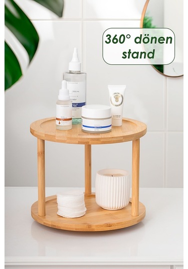 M9263-35 360 Döner Standlı Bambu Sunumluk Organizer-2 Katlı Baharatlık Düzenleyici Stand Ahşap