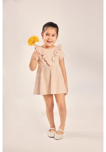Luess Kız Çocuk %100 Pamuklu Fırfırlı V Yaka Elbise-bej Bej