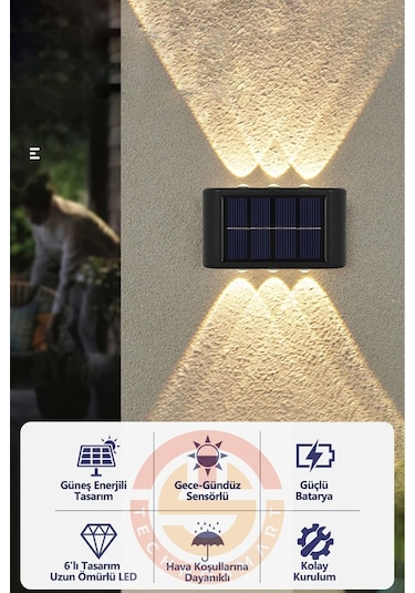 2adet Modern Solar 6ledli Çift Taraflı Aplik Güneş Enerjili Aydınlatma Duvar Lambası