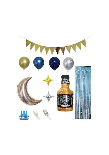 Moveevo 87 Parça Viski Balon Dekor Seti - Mavi Renkli Parti Süsleri Ve Zincirler