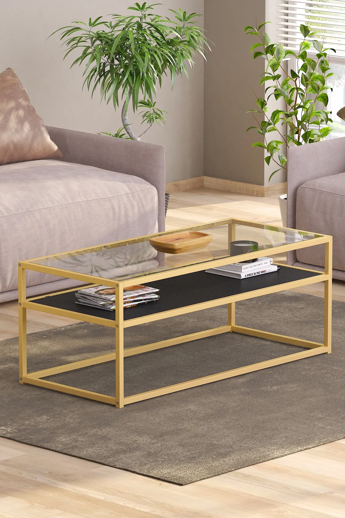 Modern Metal Iskeletli Temper Camlı 2 Katlı Dikdörtgen Orta Sehpa Siyah-gold-şeffaf