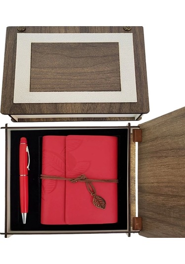 Özel Ahşap Kutulu Kırmızı Deri Defter Ve Kalem Set 1 Adet