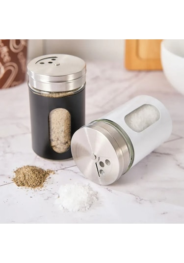 Xindoker Modern Baharat Kavanozu Seti - 2'li Paslanmaz Çelik Ve Cam, 75ml, 3'lü Döküm Delikli Siyah, Beyaz