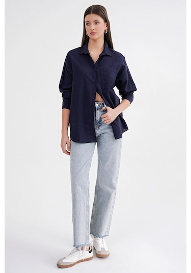 Mixray 4670 Kadın Cepli Oversize Basic Keten Gömlek Lacivert
