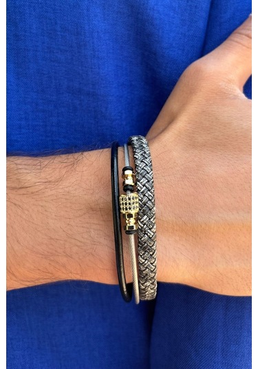 El İşçiliği İle Üretilmiş Hakiki Deri Erkek Bileklik Beyaz - Altın