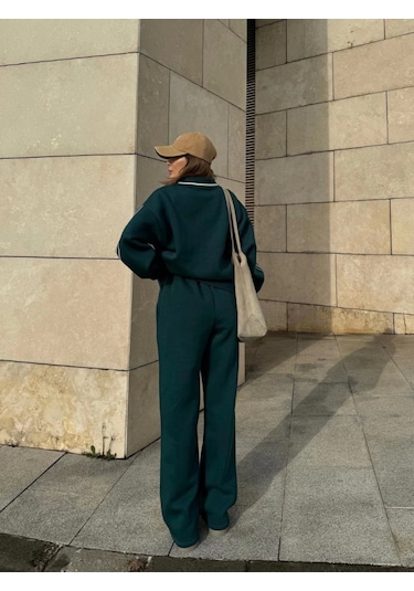 Reka Moda Üç İplik Yakalı Sweat Baggy Pantalonlu Takım - Yeşil Yeşil