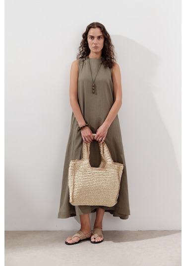 Keten Büzgülü Geniş Elbise Haki Haki